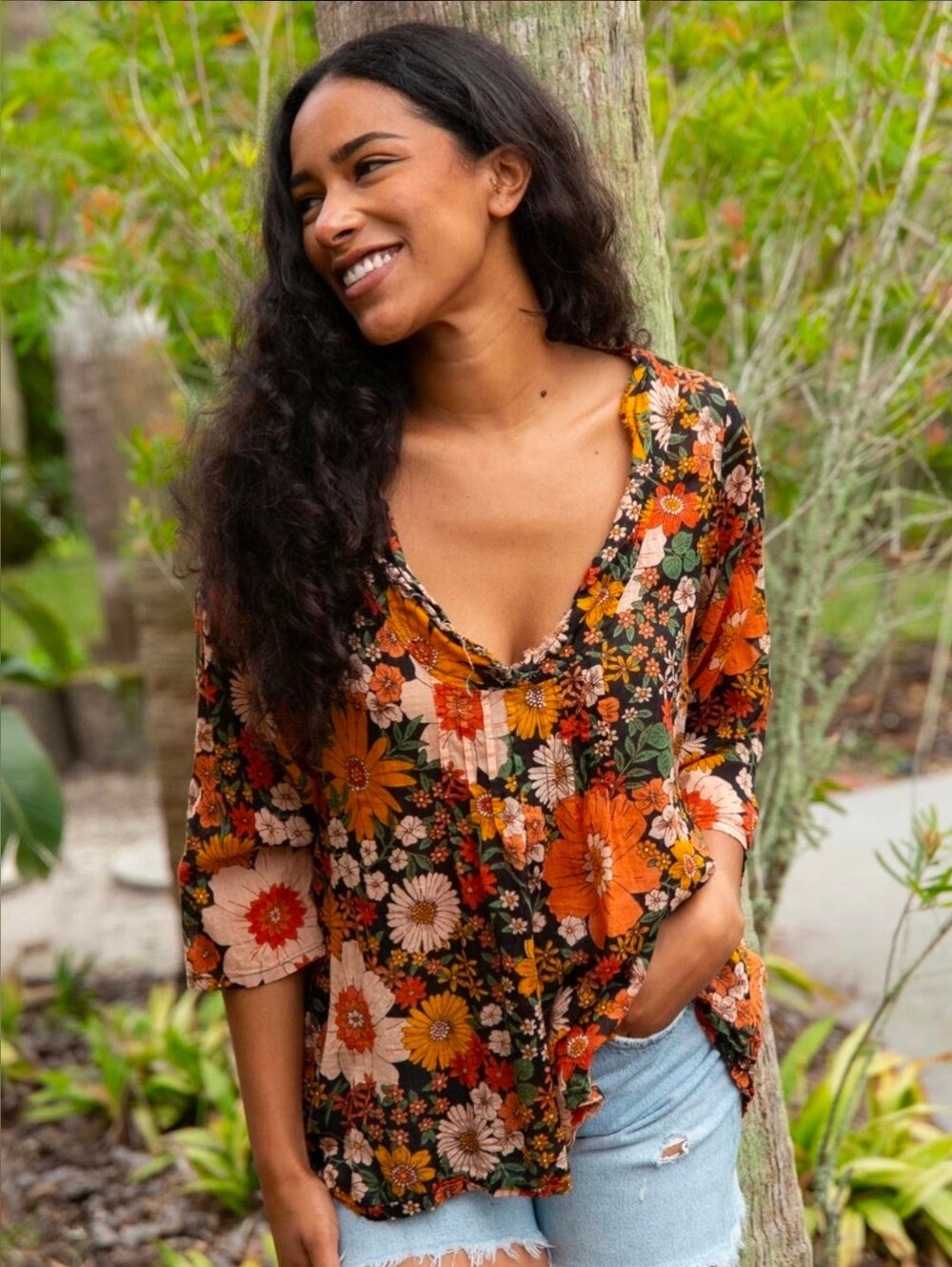 Natural Life | Retro Autumn Floral Breezy Tunic Top Size L/XL